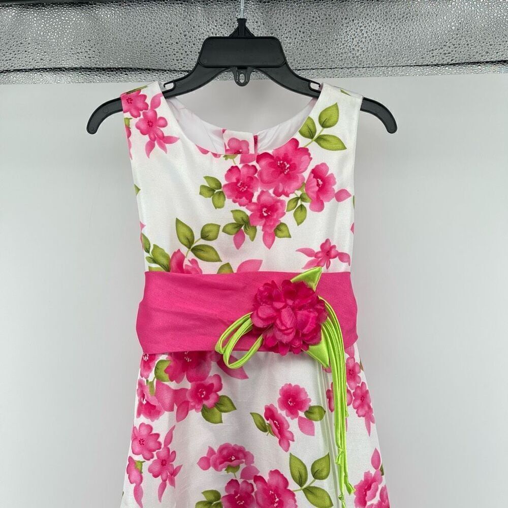 Emily West Girls Pink Green Floral Sleeveless Belted Formal A-Line Dress Size 7 - Picture 4 of 14